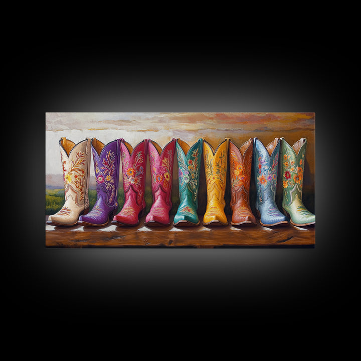 Tall Floral Cowboy Boots Framed Canvas Print, Western Wall Art, Cowgirl Room Decor, Rodeo Gift, Rustic Farmhouse Decor, Above Sofa Art