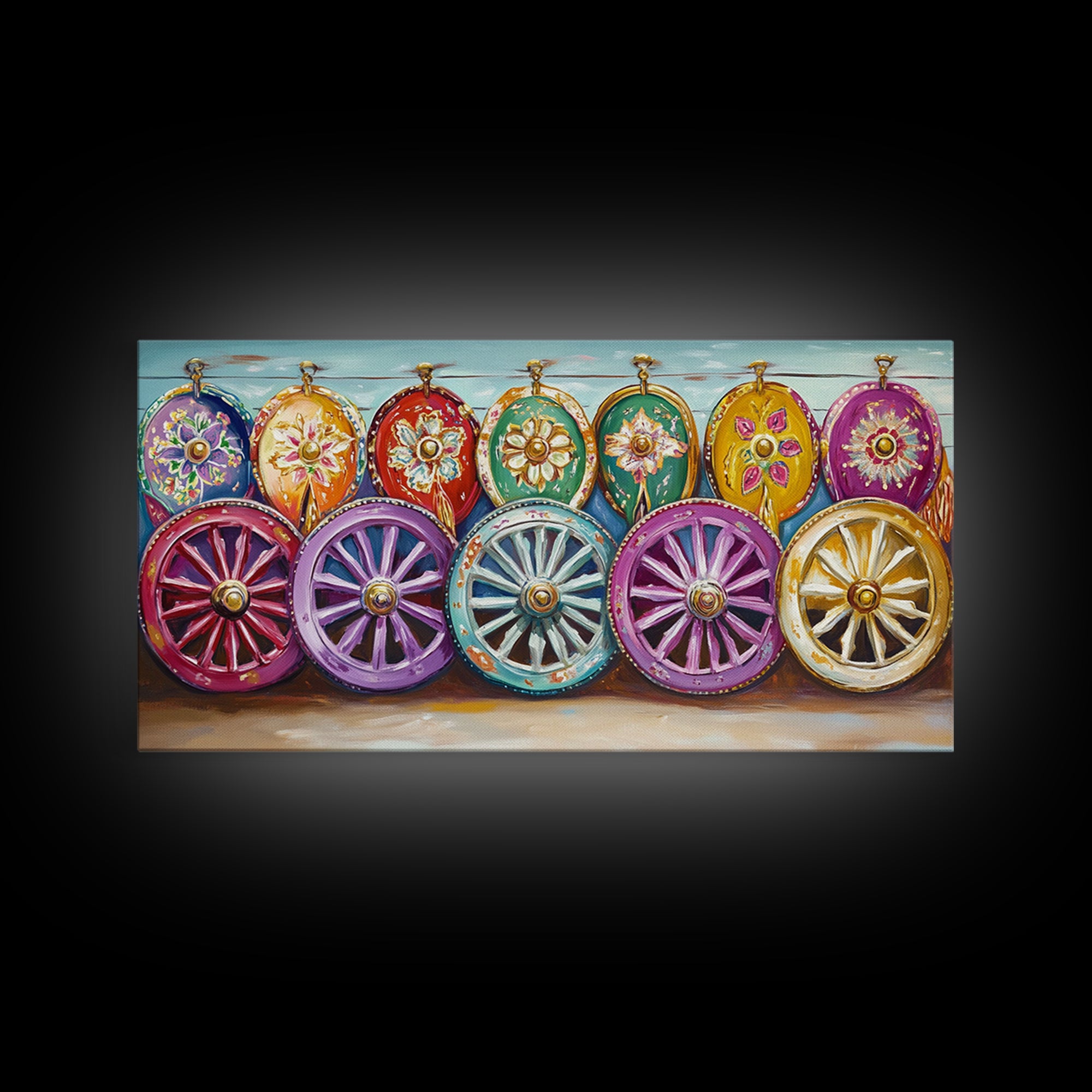 Ornate Painted Wagon Wheels Framed Canvas Print, Southwestern Wall Art, Ranch Decor, Cowgirl Room Decor, Rustic Gift, Home Decor