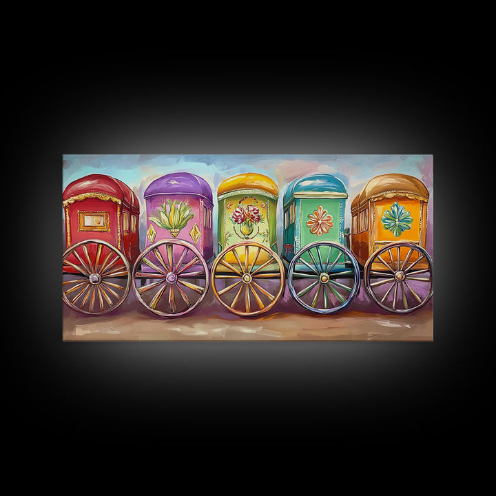 Vibrant Painted Traveling Wagons Wall Art, Western Canvas Print, Boho Ranch Decor, Colorful Nursery Art, Housewarming Gift