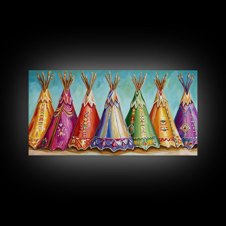 Colorful Painted Teepees Wall Art, Southwestern Nursery Decor, Native Inspired Western Canvas, Boho Kids Room Housewarming Gift