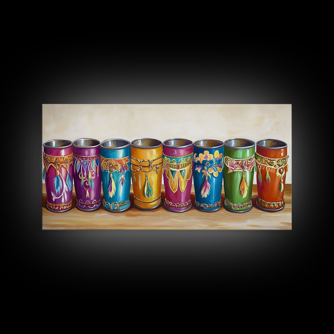 Boho Southwestern Painted Tin Cups Wall Art, Colorful Western Kitchen Decor, Rustic Ranch Canvas Art, Unique Housewarming Gift