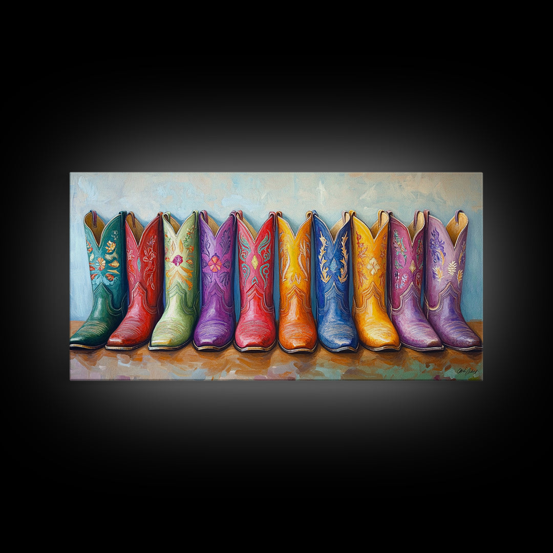 Colorful Row Of Western Cowgirl Boots Canvas Print, Embroidered Cowboy Wall Decor, Boho Ranch Living Room Housewarming Gift
