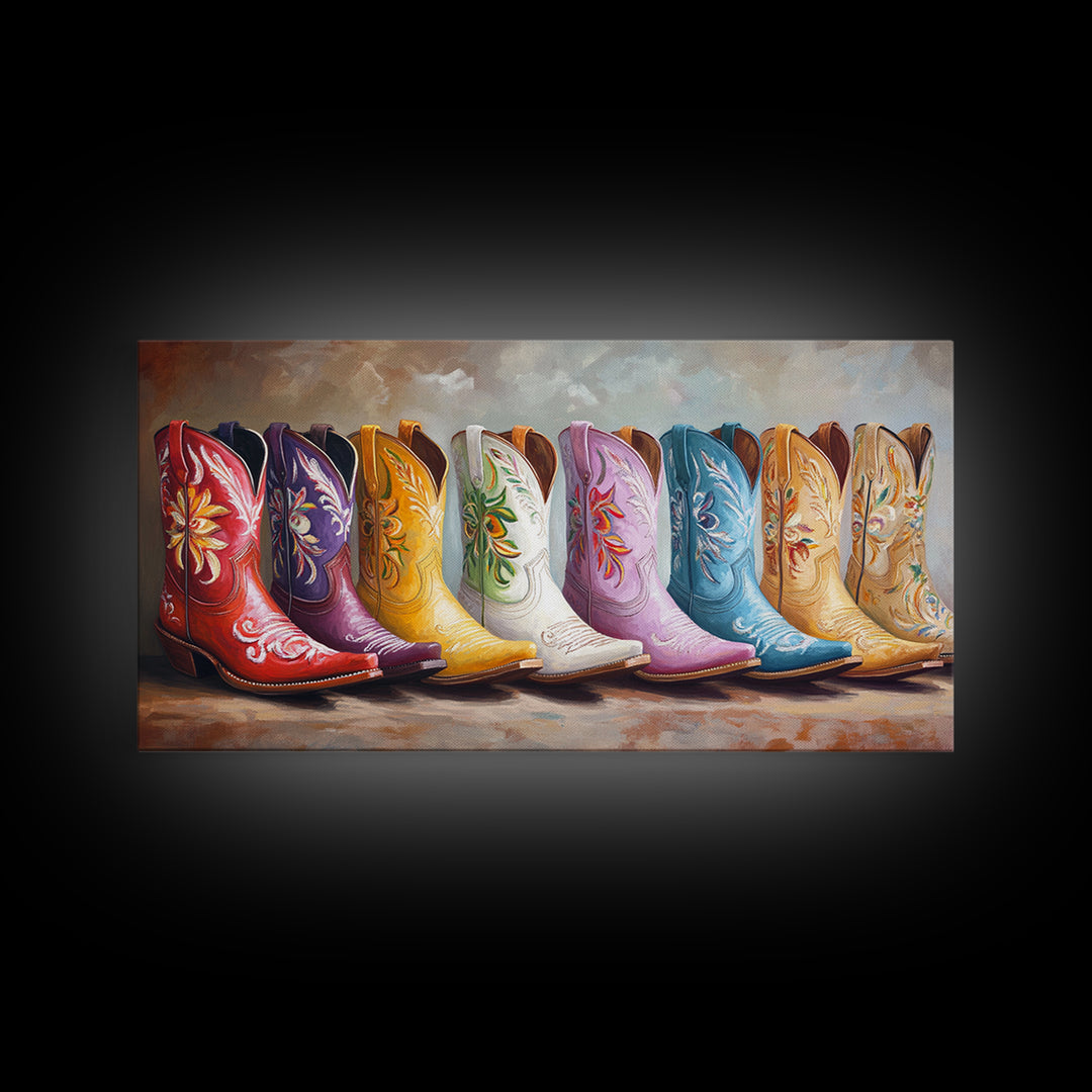 Glossy Colorful Cowgirl Boots Wall Art, Western Home Decor, Rustic Farmhouse Canvas Print, Statement Living Room Art Gift