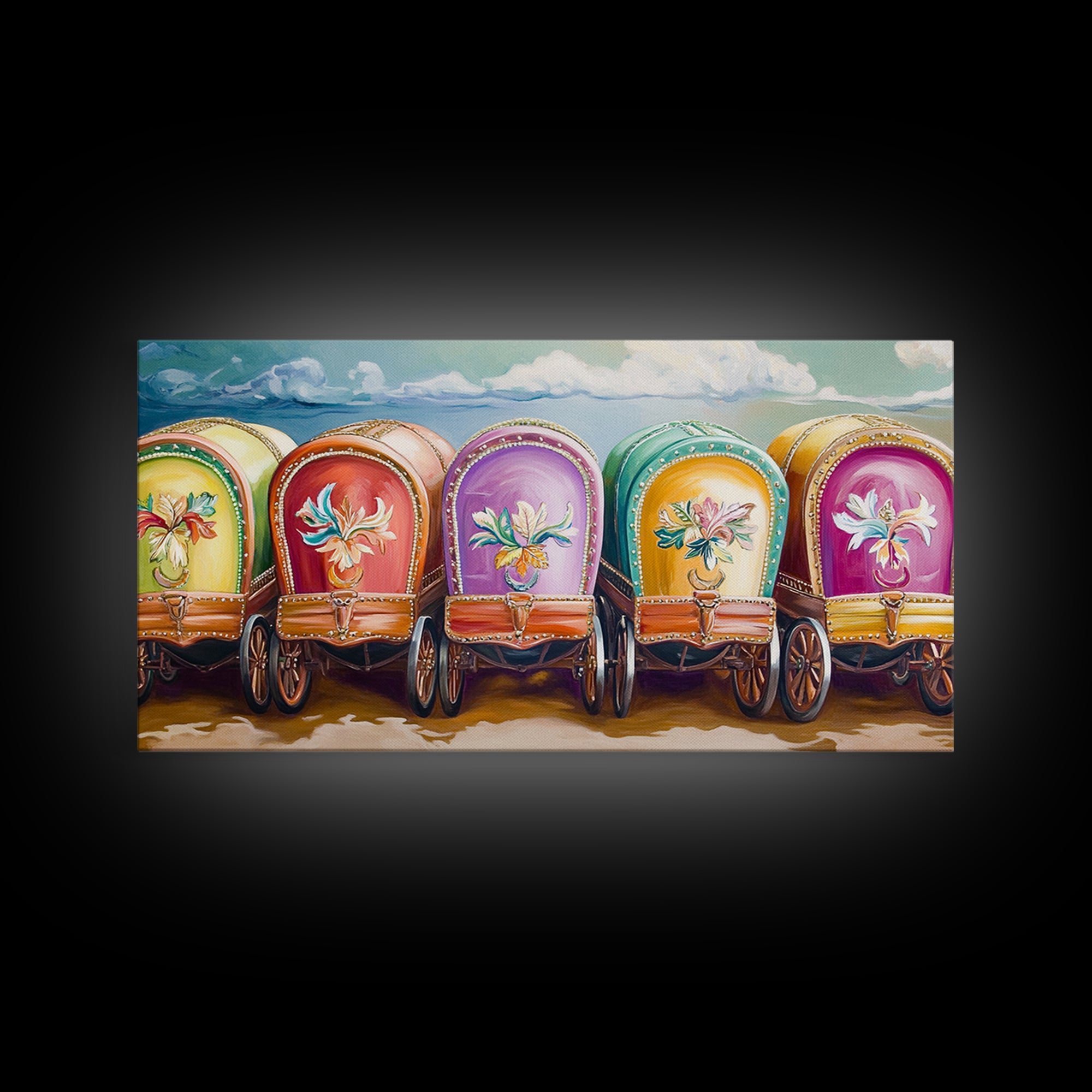 Colorful Painted Gypsy Wagon Framed Canvas Print, Western Wall Art, Boho Cowgirl Decor, Rustic Farmhouse Living Room Gift