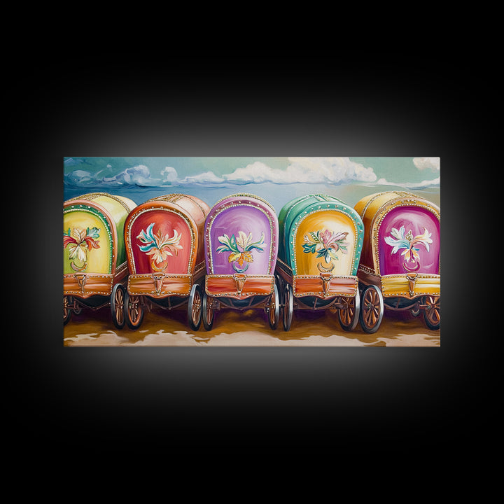 Colorful Painted Gypsy Wagon Framed Canvas Print, Western Wall Art, Boho Cowgirl Decor, Rustic Farmhouse Living Room Gift