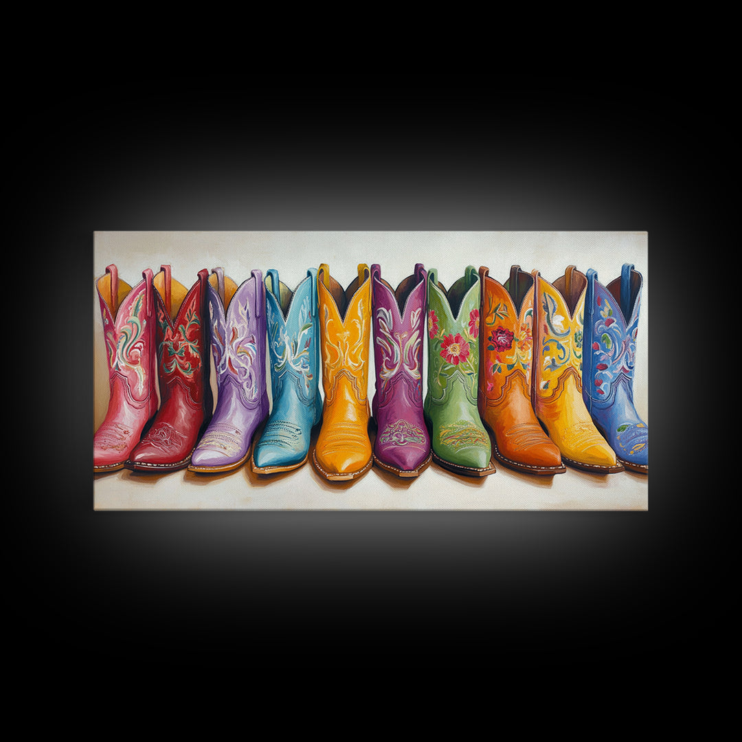 Vibrant Embroidered Cowboy Boots Wall Art, Western Cowgirl Decor, Rustic Farmhouse Canvas Print, Colorful Living Room Art