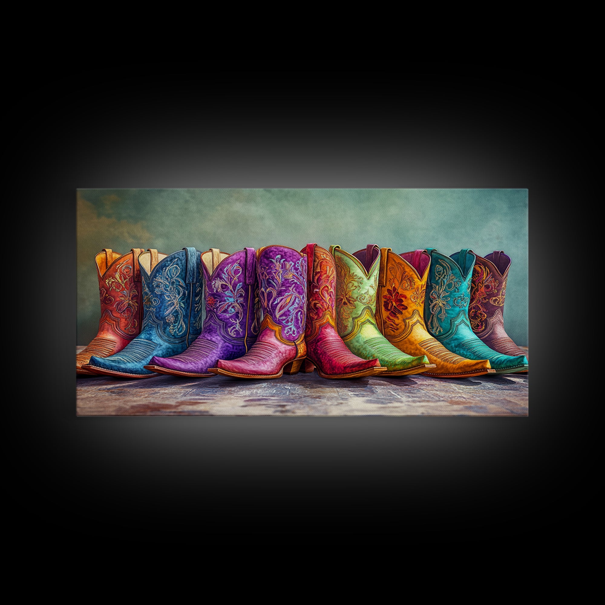 Bold Embroidered Cowboy Boots Canvas Print, Western Cowgirl Wall Art, Colorful Rustic Farmhouse Decor, Statement Living Room Art