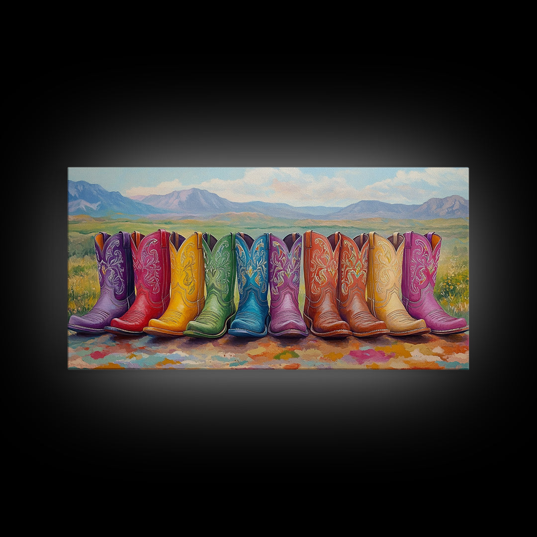Rainbow Cowboy Boots With Mountain Meadow View Framed Canvas Print, Western Landscape Wall Art, Rustic Farmhouse Decor Gift