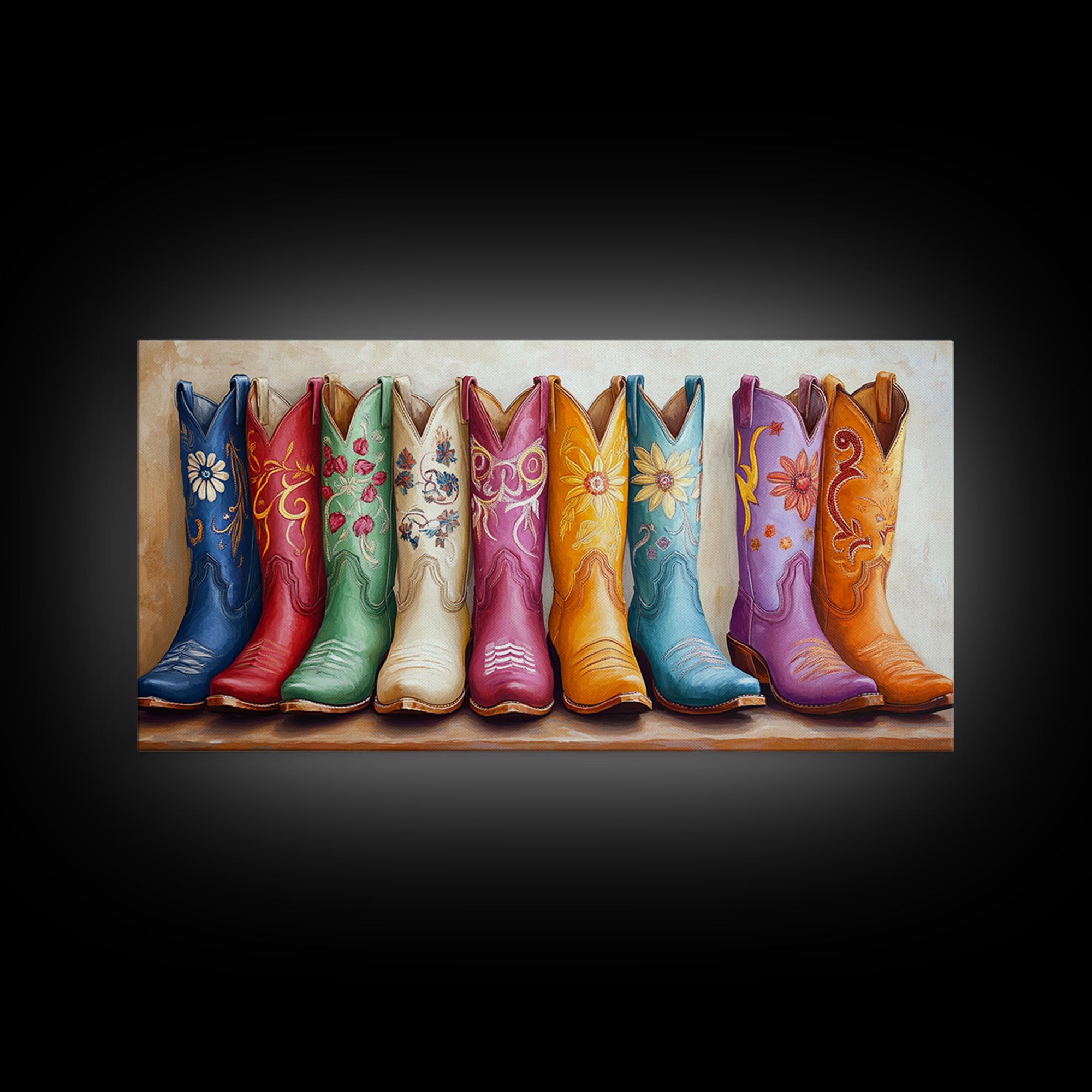 Vibrant Floral Cowgirl Boots In Blue Red Green And Orange Canvas Print, Western Wall Art, Boho Farmhouse Decor Gift For Her