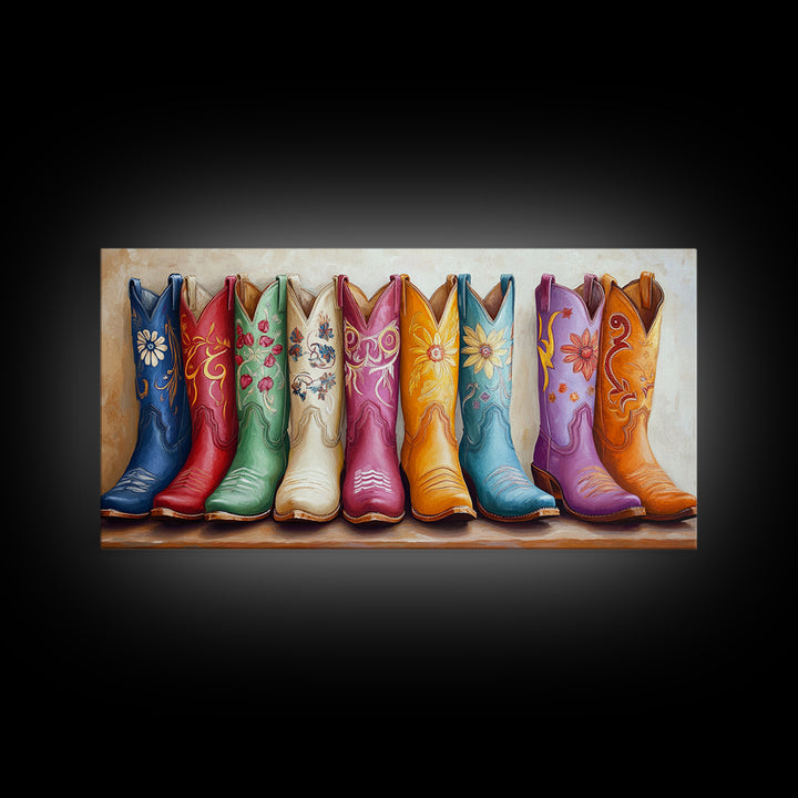 Vibrant Floral Cowgirl Boots In Blue Red Green And Orange Canvas Print, Western Wall Art, Boho Farmhouse Decor Gift For Her