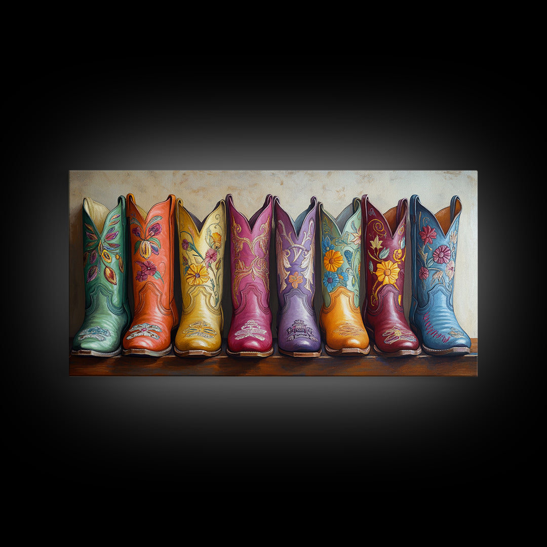 Pastel Floral Western Boots With Golden Embroidery Canvas Print, Cowgirl Wall Art, Boho Western Decor, Girls Room Decor Gift