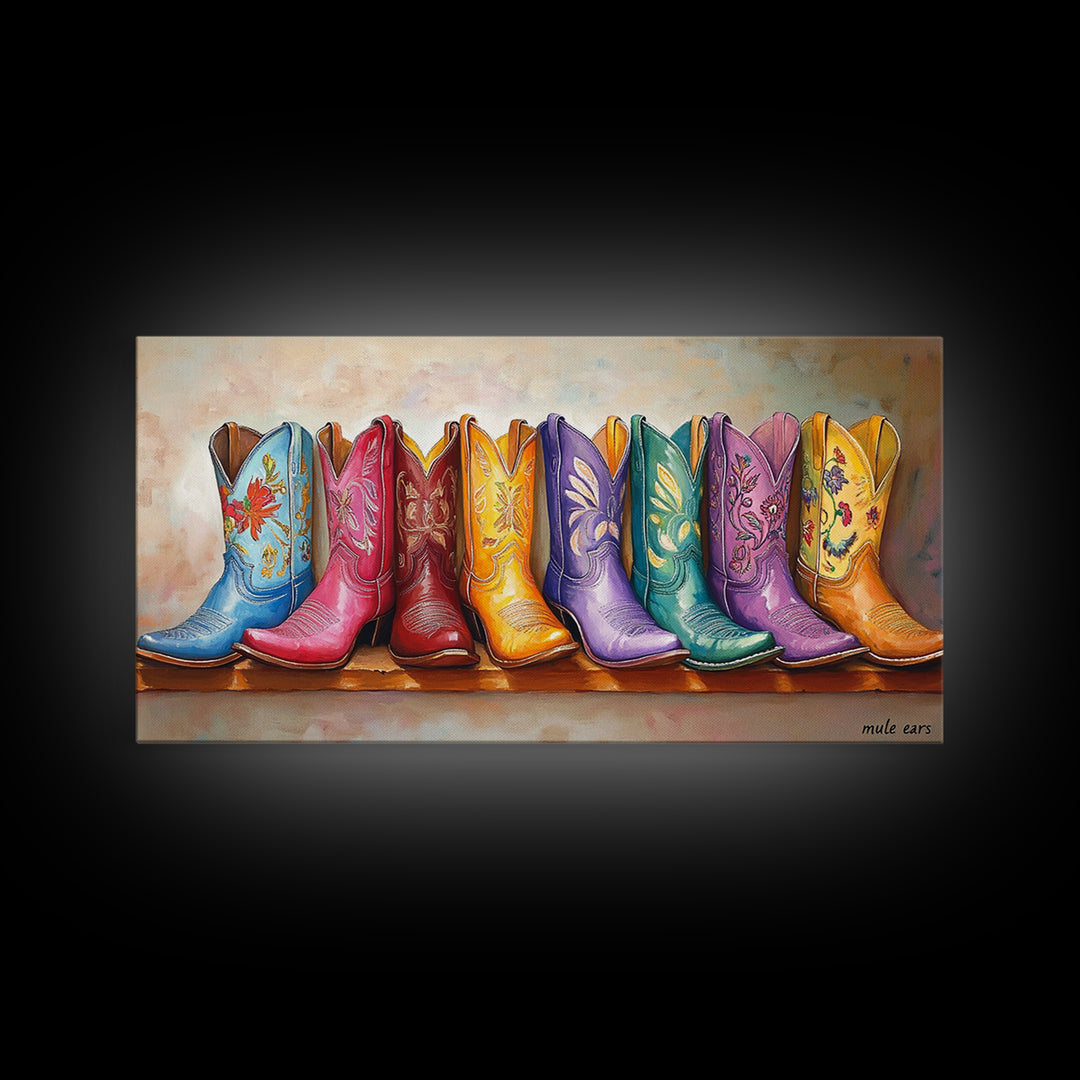 Playful Floral Cowgirl Boots In Pink Blue Orange Canvas Print, Western Wall Art, Boho Cowgirl Decor, Gift For Her, Living Room Decor