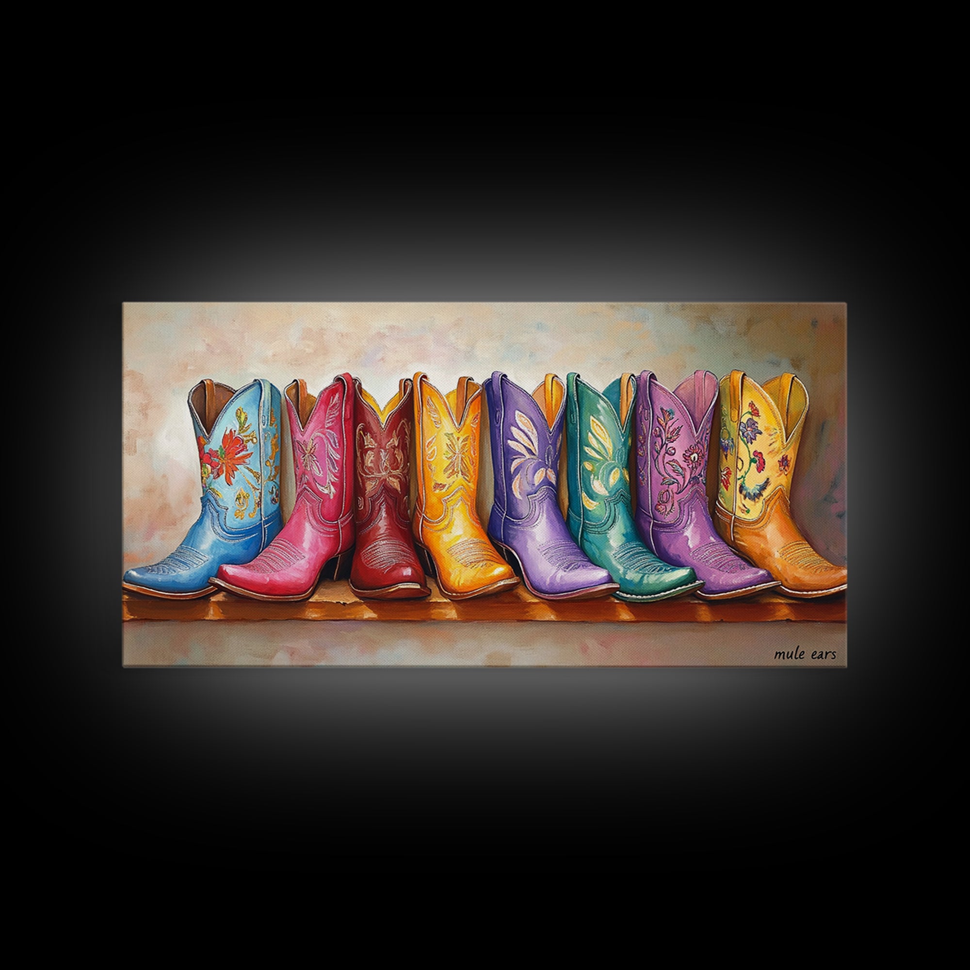 Playful Floral Cowgirl Boots In Pink Blue Orange Canvas Print, Western Wall Art, Boho Cowgirl Decor, Gift For Her, Living Room Decor