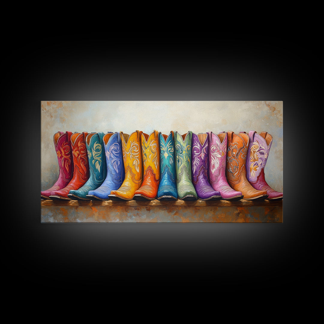 Boho Rainbow Western Boots On Rustic Ledge Framed Canvas Print, Cowgirl Wall Art, Colorful Wall Decor, Housewarming Gift