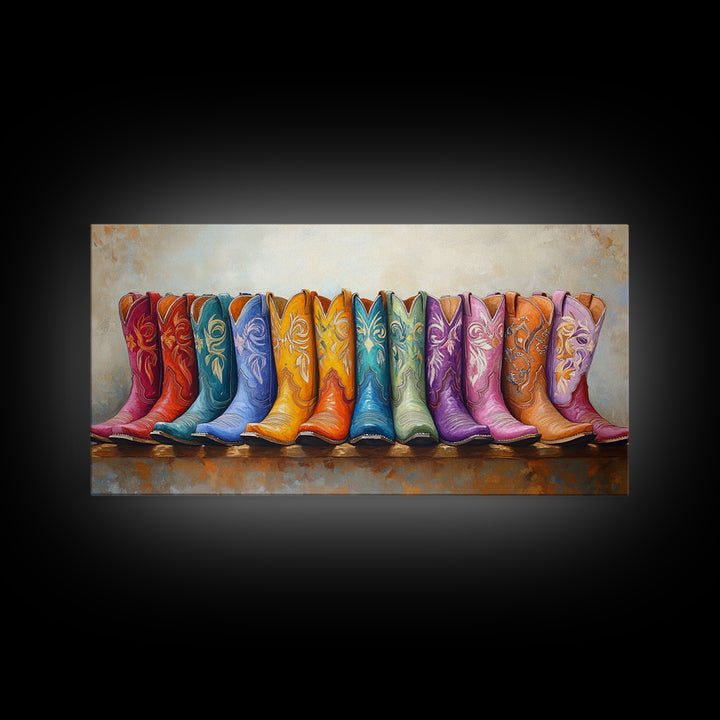 Boho Rainbow Western Boots On Rustic Ledge Framed Canvas Print, Cowgirl Wall Art, Colorful Wall Decor, Housewarming Gift