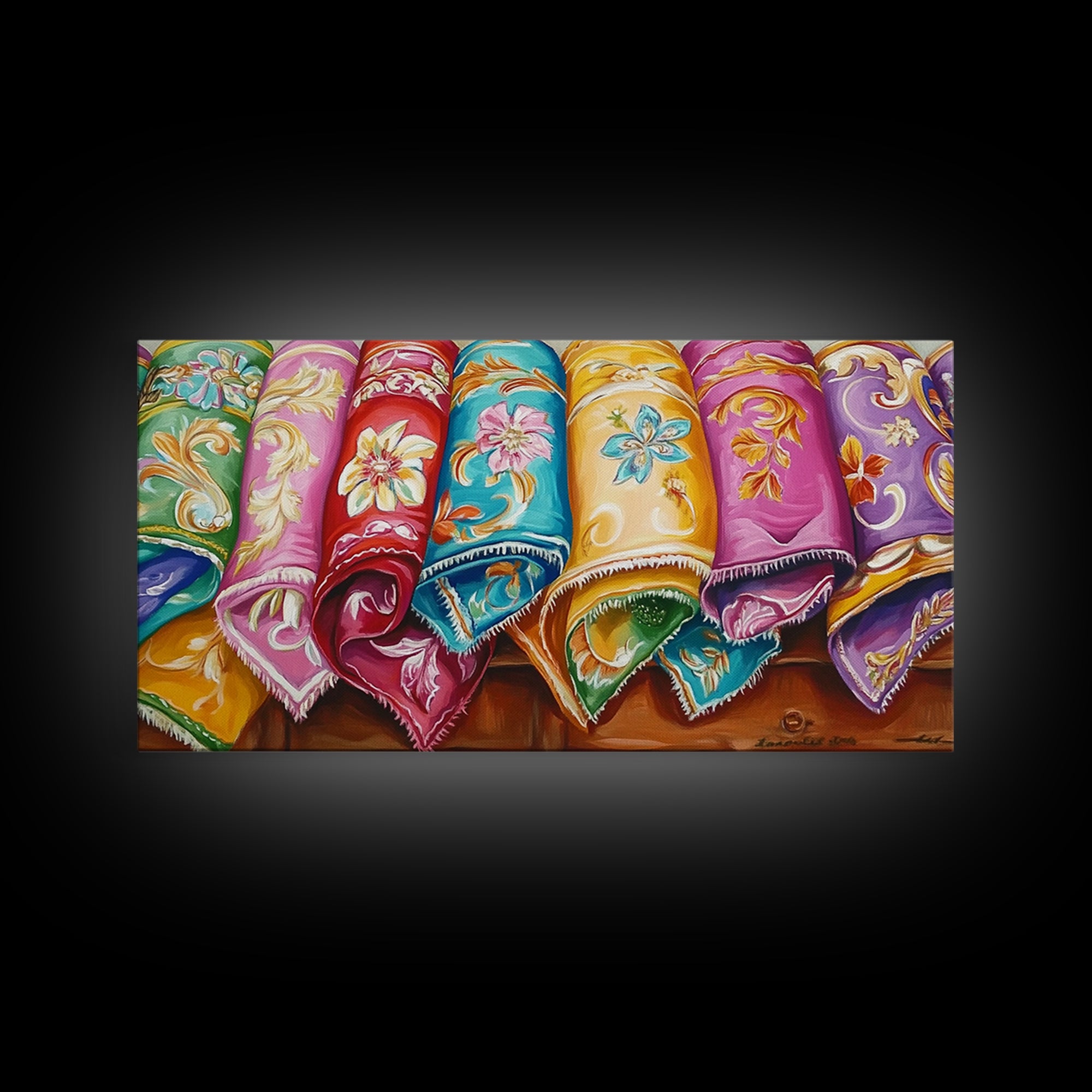 Rolled Embroidered Western Blankets Canvas Print, Colorful Cowgirl Wall Decor, Boho Ranch Living Room Art, Housewarming Gift