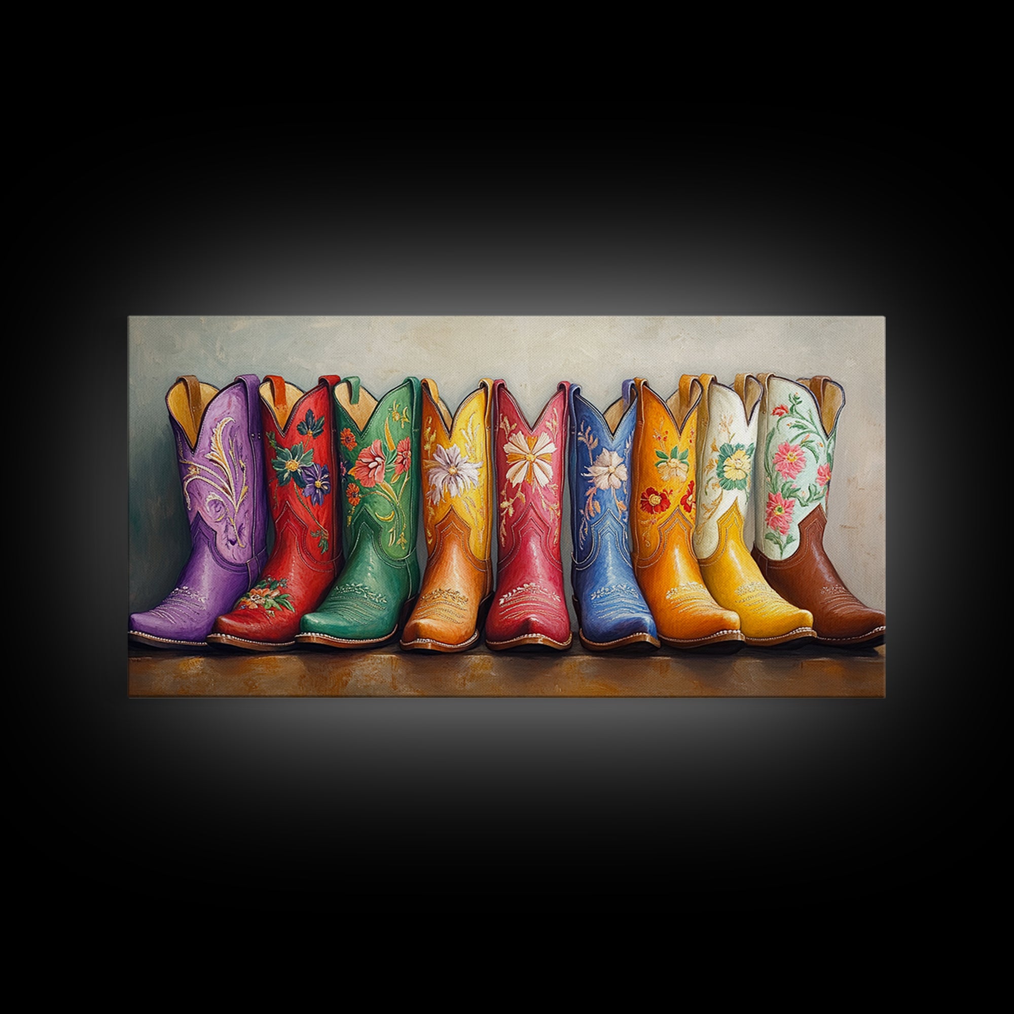 Bright Embroidered Western Boots Framed Canvas Print, Cowgirl Wall Art, Rustic Ranch Decor, Colorful Country Housewarming Gift