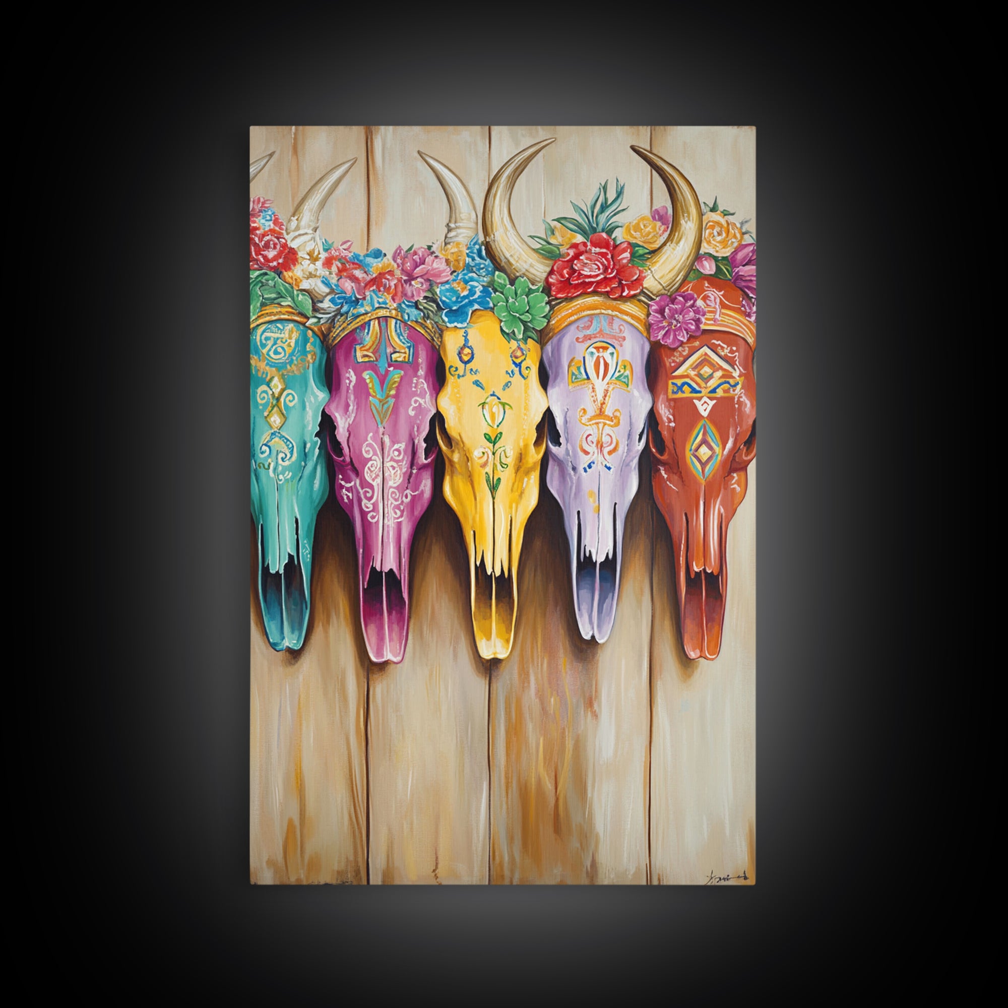 Floral Painted Longhorn Skulls Framed Canvas Print, Western Wall Art, Southwestern Decor, Cowgirl Ranch Home Decor Gift Idea