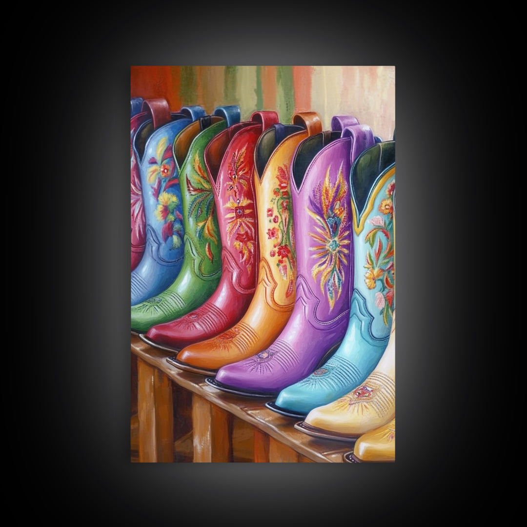 Bright Embroidered Cowboy Boots Wall Art, Western Cowgirl Canvas Print, Colorful Living Room Decor, Rustic Bedroom Wall Art