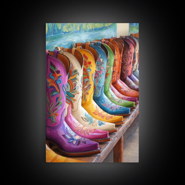 Row Of Painted Floral Cowgirl Boots Framed Canvas Print, Western Wall Art, Southwestern Home Decor, Housewarming Gift For Her