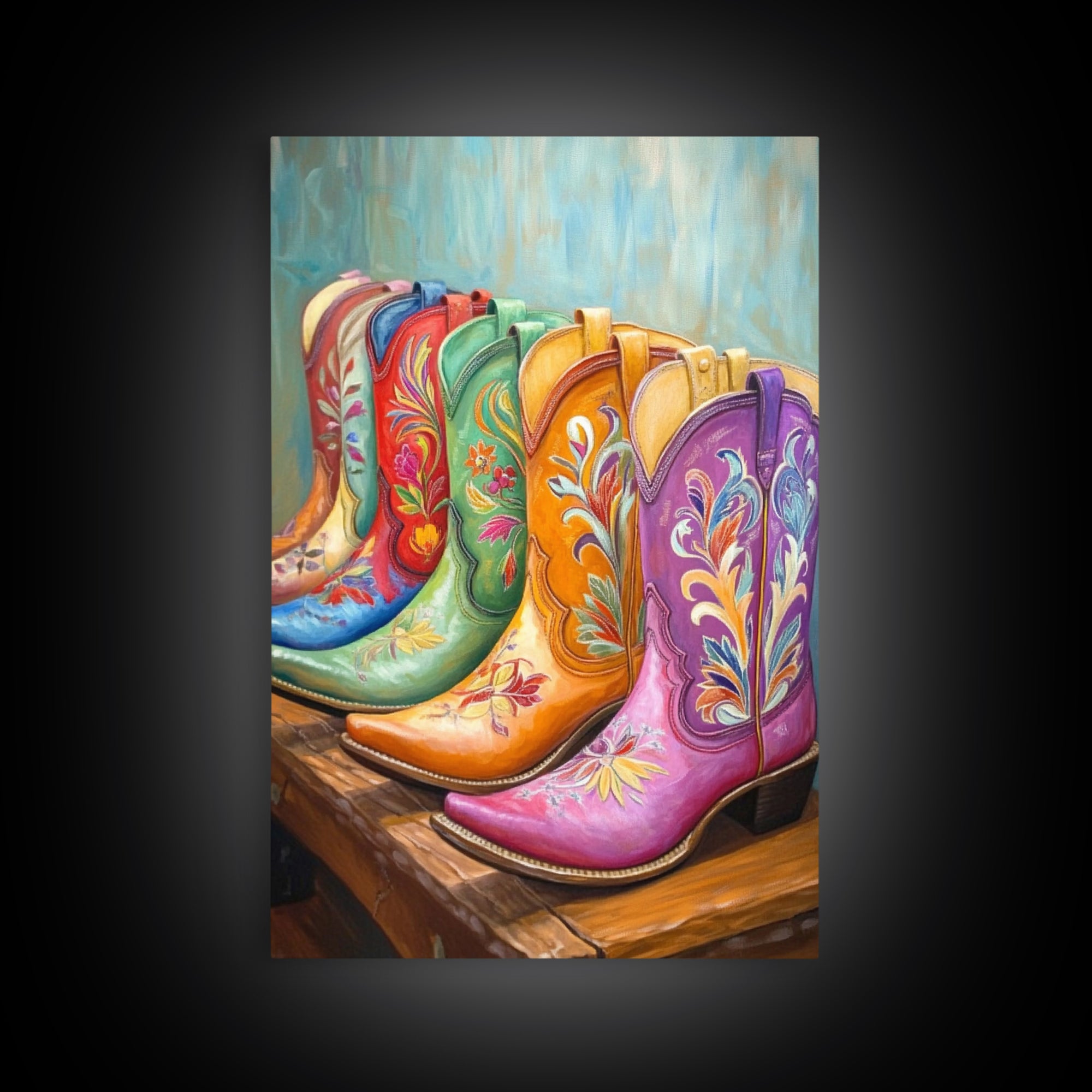 Pink Purple And Orange Cowboy Boots Framed Canvas Print, Western Cowgirl Wall Art, Floral Ranch Decor, Gift For Her Home Decor