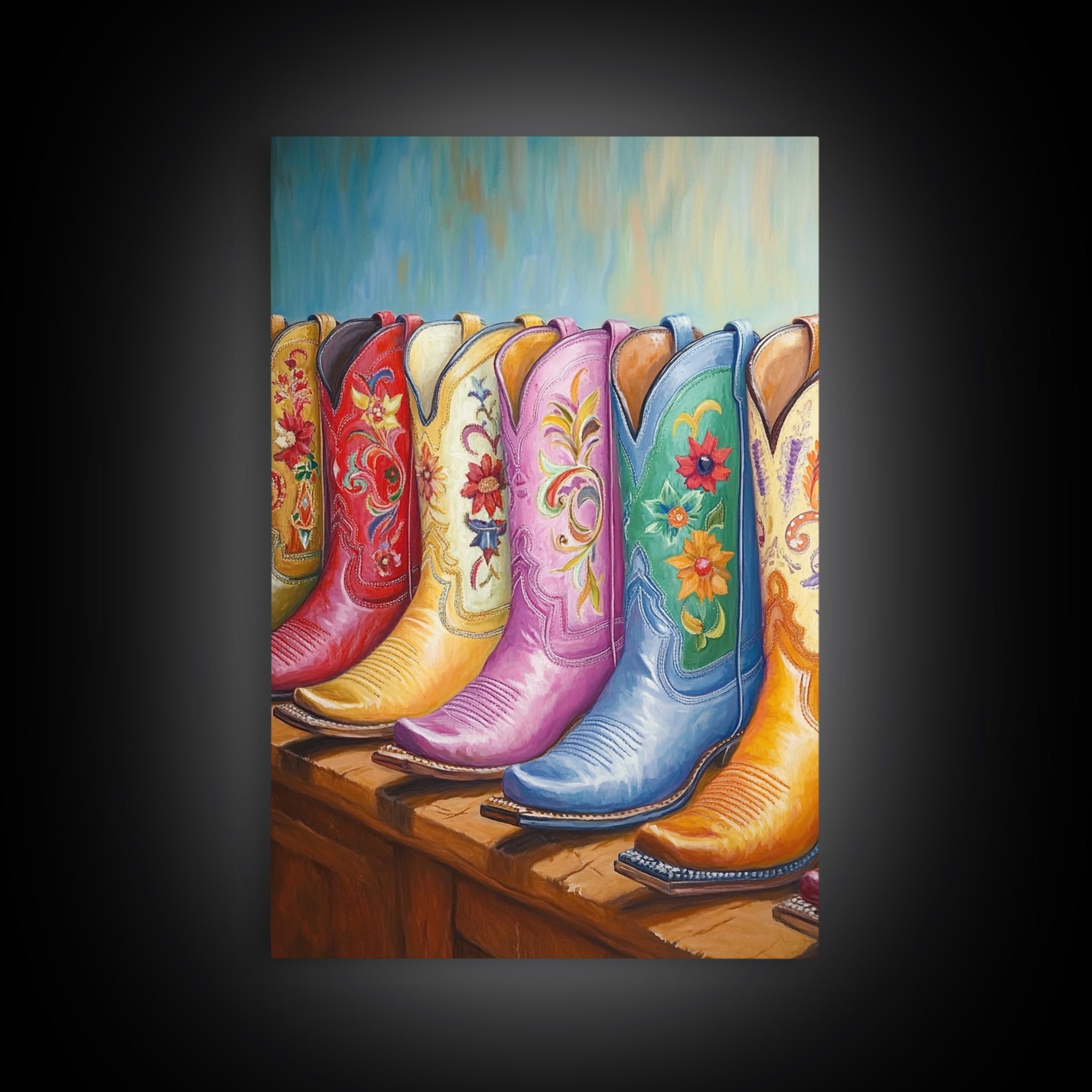 Pastel Blue Pink And Red Cowboy Boots Wall Art, Floral Western Decor, Cowgirl Ranch Canvas Art Print, Living Room Decor Gift