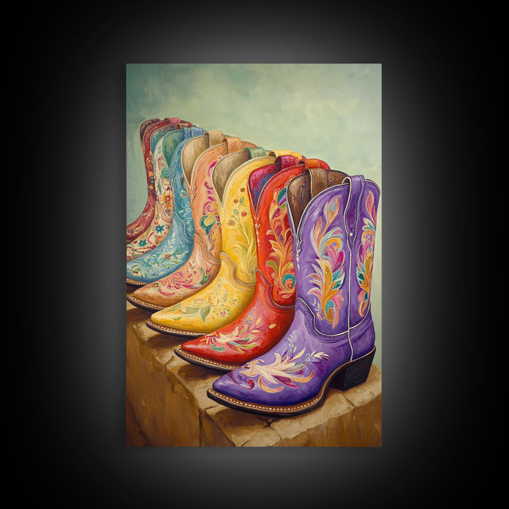 Purple Red And Yellow Embroidered Cowboy Boots Framed Canvas Print, Western Wall Art, Cowgirl Decor, Southwestern Gift For Her