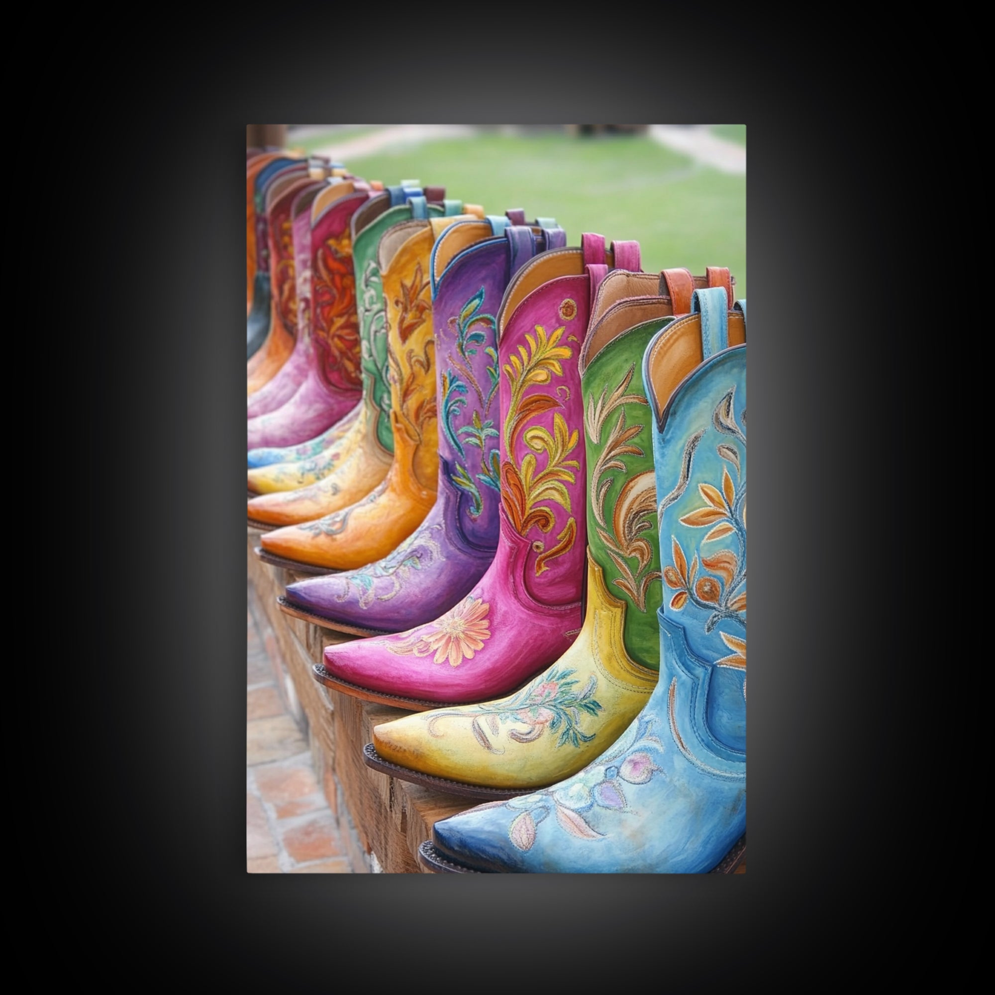 Outdoor Row Of Turquoise Pink And Green Cowboy Boots Canvas Print, Western Wall Art, Cowgirl Decor, Rustic Home Decor, Gift For Her