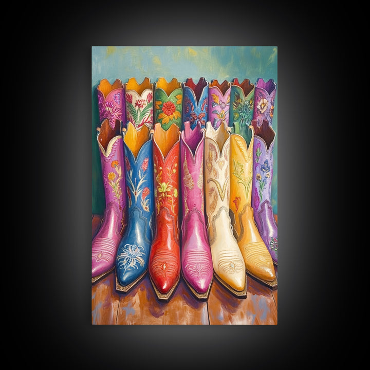 Front Facing Pink Blue Red And Cream Cowgirl Boots Framed Canvas Print, Western Wall Art, Maximalist Decor, Gift For Her