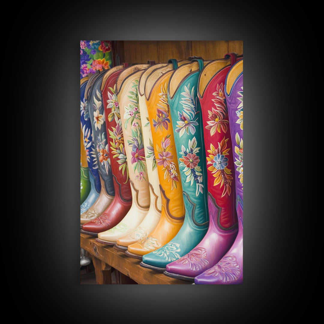 Embroidered Floral Cowboy Boots Canvas Print, Western Wall Art, Cowgirl Decor, Rustic Home Decor, Housewarming Gift, Living Room Decor