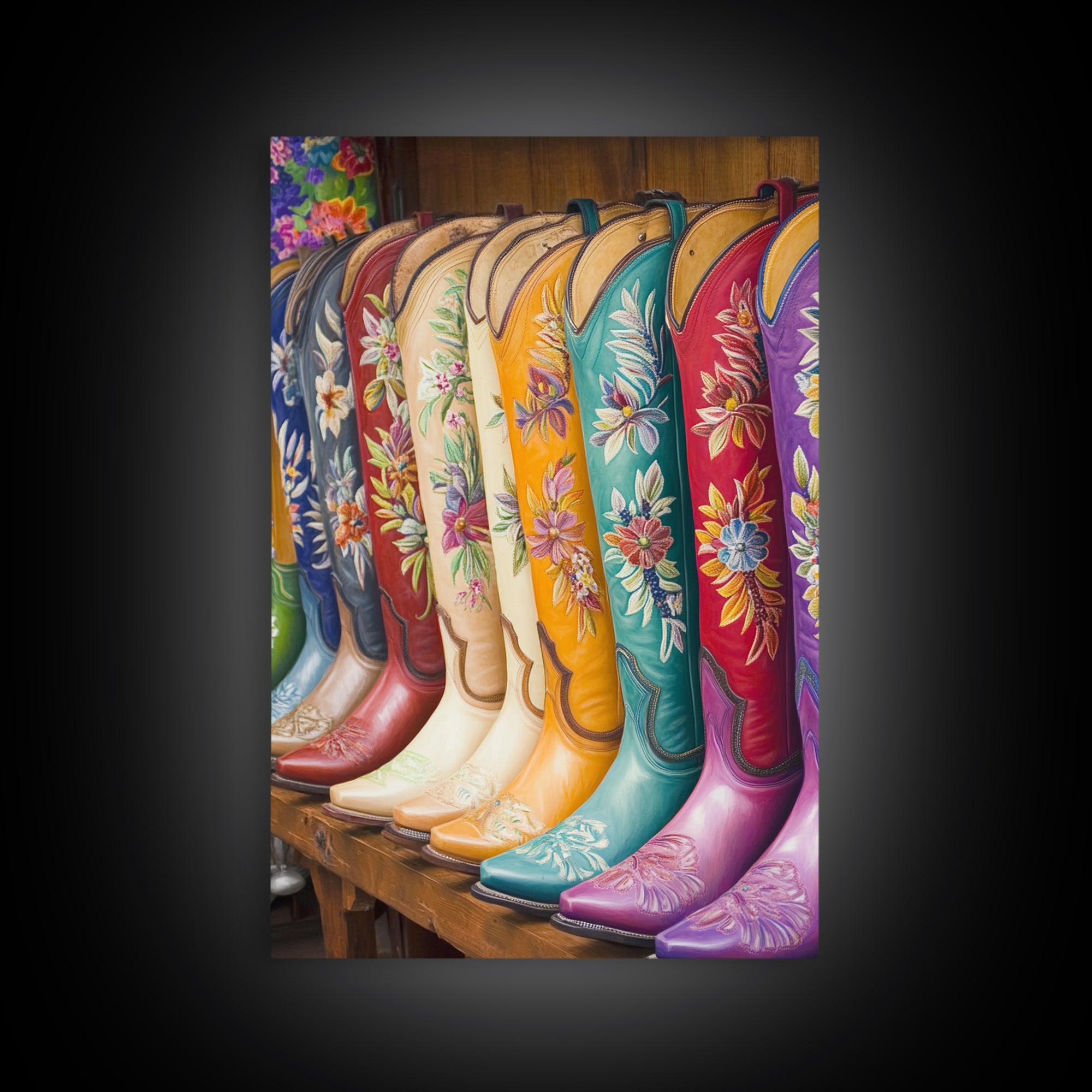 Embroidered Floral Cowboy Boots Canvas Print, Western Wall Art, Cowgirl Decor, Rustic Home Decor, Housewarming Gift, Living Room Decor