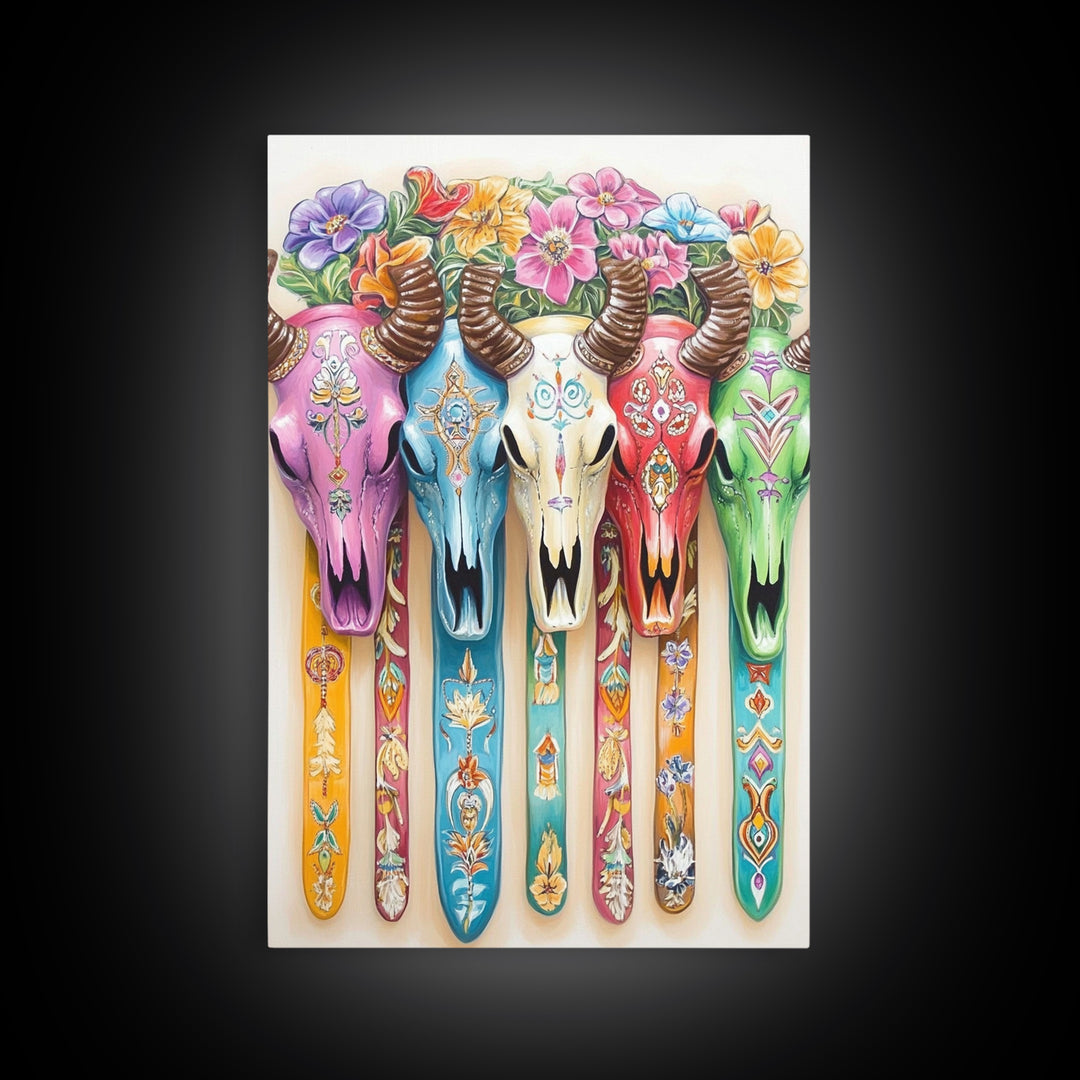 Floral Painted Cow Skulls Canvas Print, Western Wall Art, Southwestern Decor, Cowgirl Art, Boho Wall Decor, Gift For Her