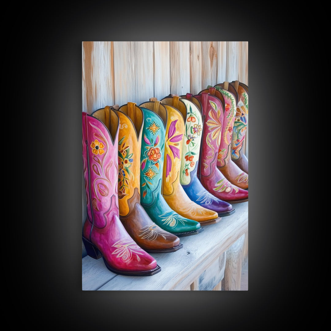Rustic Row Of Painted Cowgirl Boots Wall Art, Western Floral Canvas Print, Southwestern Ranch Decor, Housewarming Gift For Her