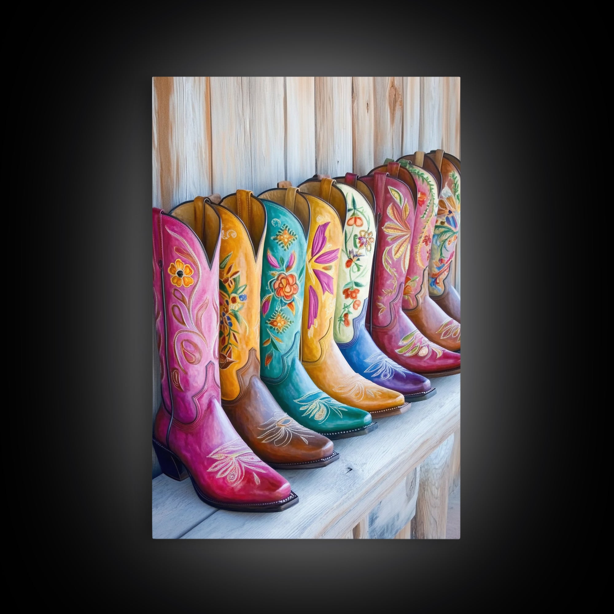 Rustic Row Of Painted Cowgirl Boots Wall Art, Western Floral Canvas Print, Southwestern Ranch Decor, Housewarming Gift For Her