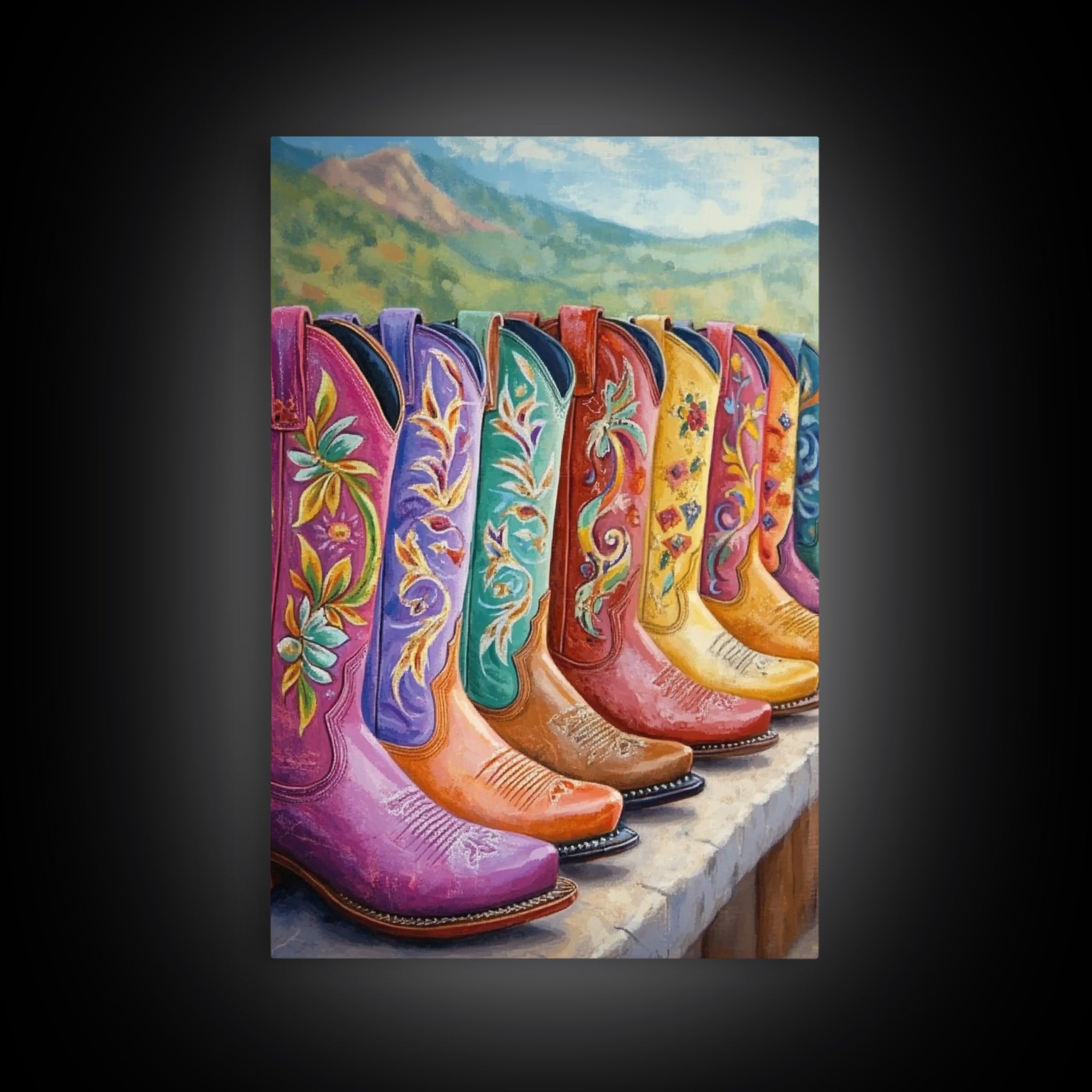 Floral Cowboy Boots With Mountain View Wall Art, Western Landscape Painting, Cowgirl Decor, Rustic Farmhouse Canvas Print