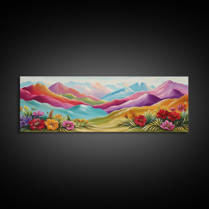 Vibrant Rainbow Mountains With Desert Flowers Wall Art, Abstract Landscape, Colorful Wall Art, Southwestern Decor, Large Canvas Print