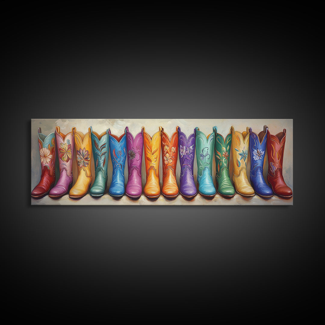 Rainbow Embroidered Cowboy Boots Wall Art, Western Decor, Cowgirl Gift, Rustic Farmhouse Decor, Long Horizontal Art Print