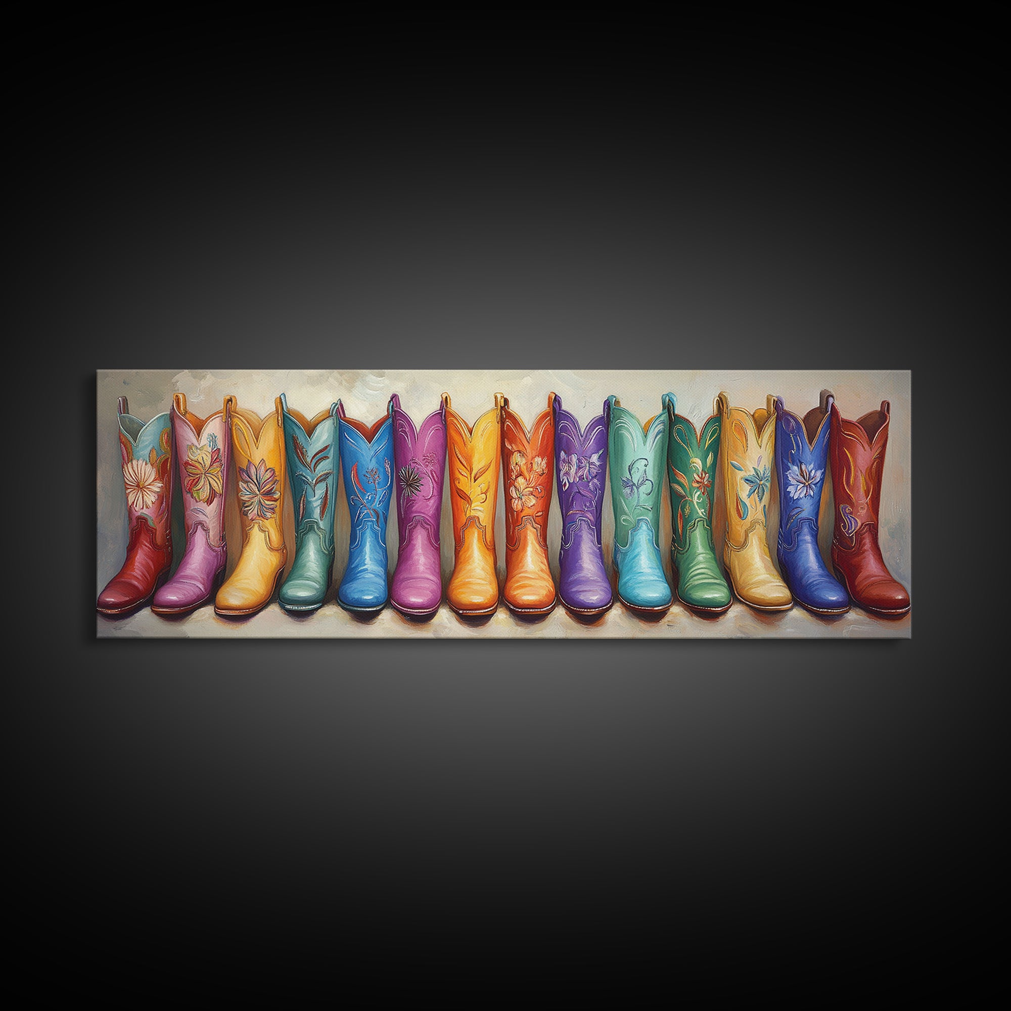 Rainbow Embroidered Cowboy Boots Wall Art, Western Decor, Cowgirl Gift, Rustic Farmhouse Decor, Long Horizontal Art Print