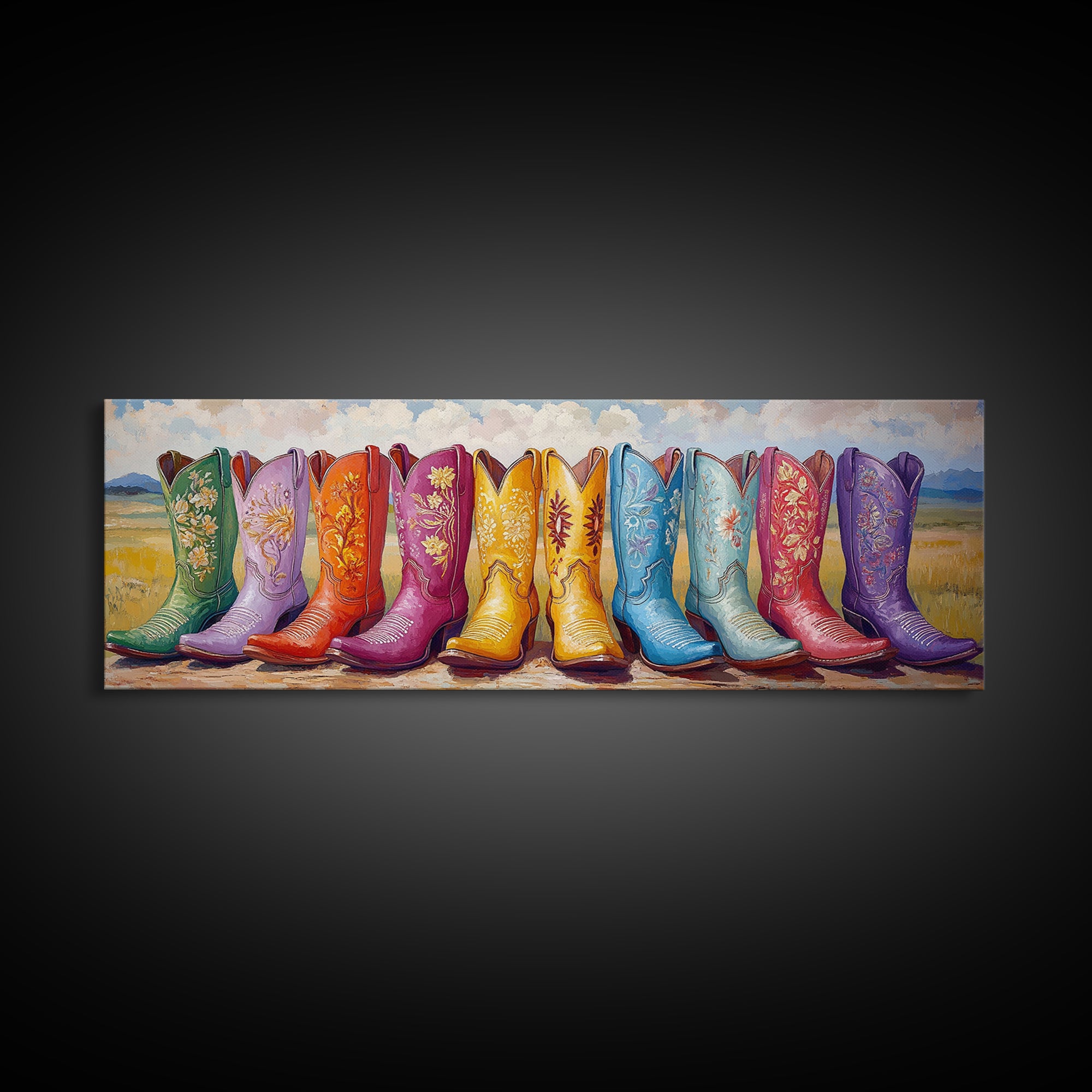 Colorful Cowboy Boots In Prairie Landscape Wall Art, Western Cowgirl Decor, Rustic Farmhouse Canvas Print, Above Sofa Art