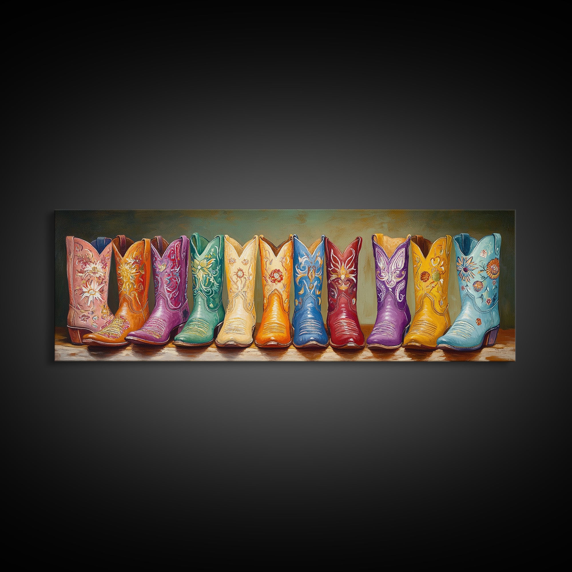 Vibrant Embroidered Cowboy Boots Wall Art, Western Cowgirl Decor, Maximalist Canvas Print, Rustic Rodeo Living Room Decor