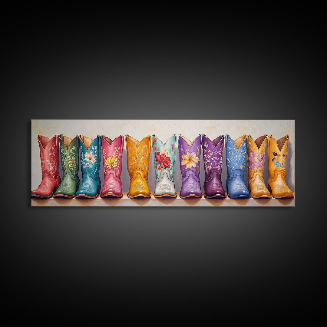 Bright Floral Cowboy Boots Painting Wall Art, Western Home Decor, Cowgirl Wall Decor, Rustic Bedroom Decor, Framed Canvas Print