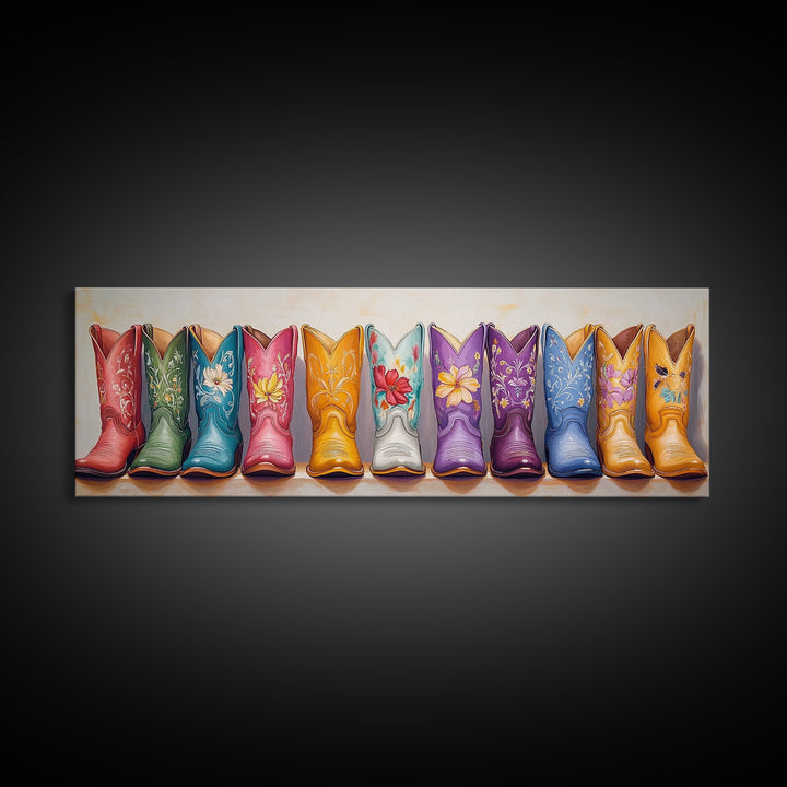 Bright Floral Cowboy Boots Painting Wall Art, Western Home Decor, Cowgirl Wall Decor, Rustic Bedroom Decor, Framed Canvas Print