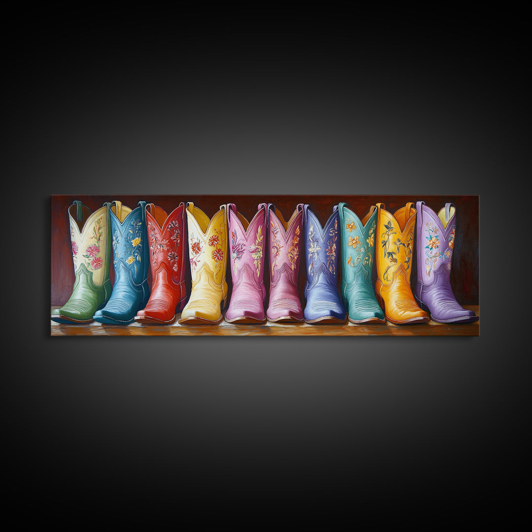 Tall Embroidered Cowboy Boots Framed Canvas Print, Colorful Western Wall Decor, Rustic Ranch Art, Boho Cowgirl Gift, Living Room Art