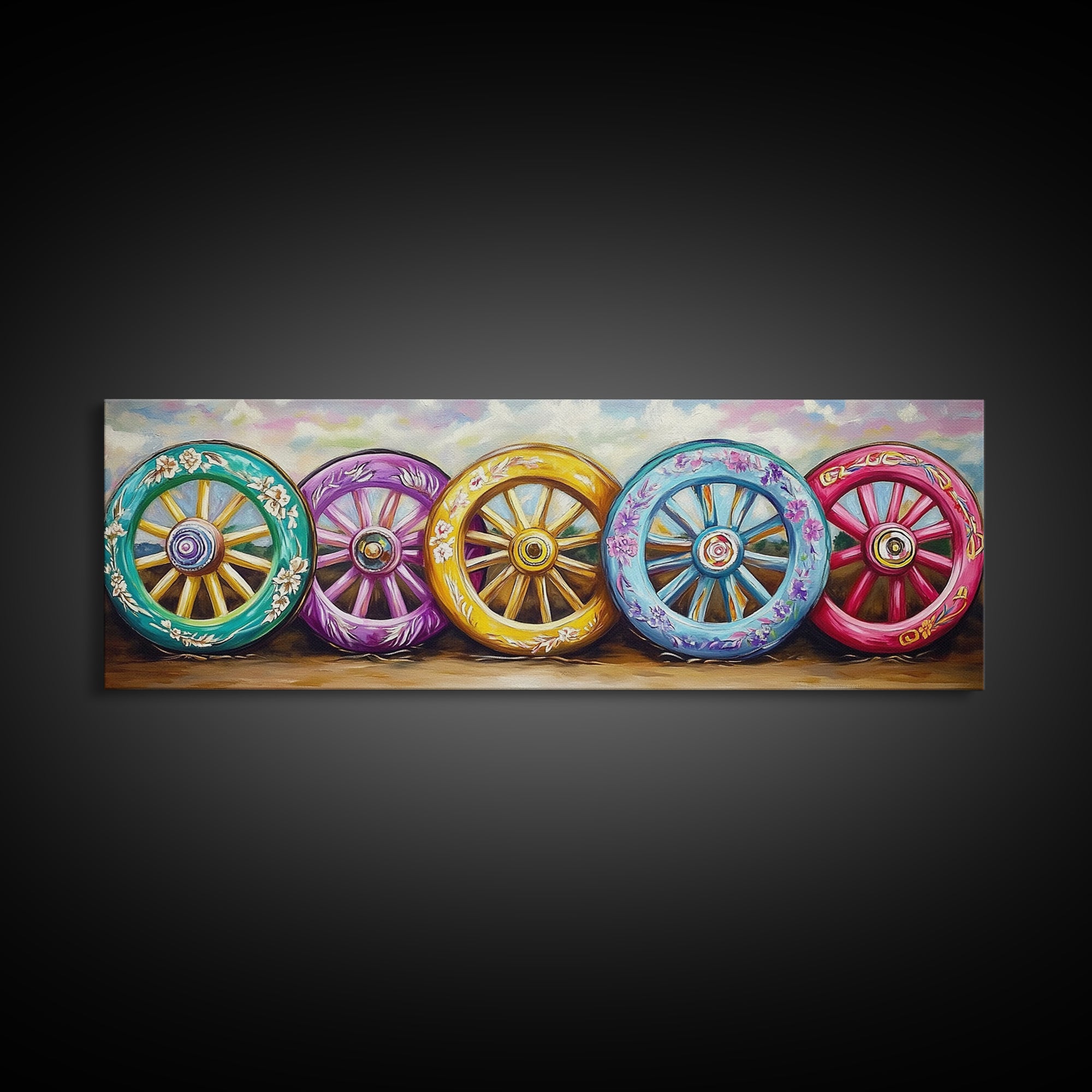 Painted Wagon Wheels Framed Canvas Print, Colorful Western Wall Decor, Rustic Ranch Art, Farmhouse Living Room Gift, Housewarming Gift