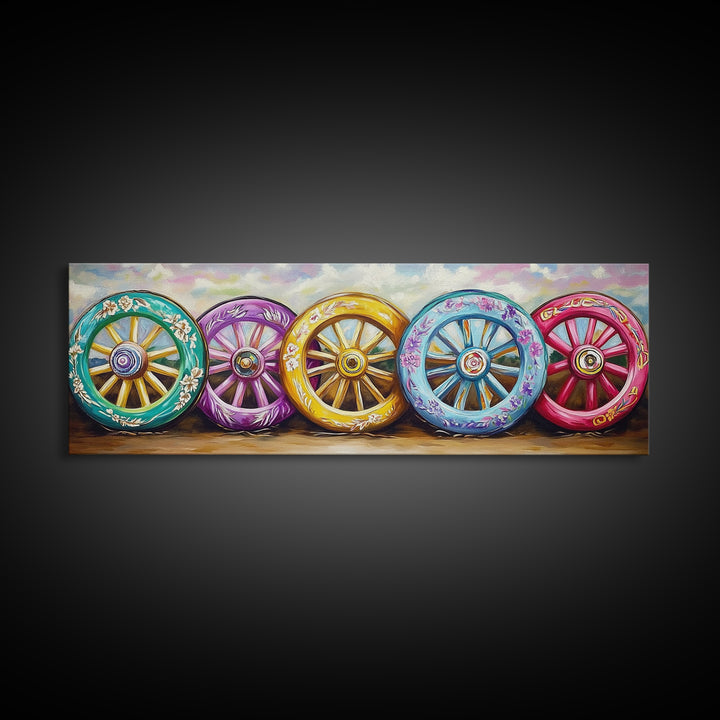 Painted Wagon Wheels Framed Canvas Print, Colorful Western Wall Decor, Rustic Ranch Art, Farmhouse Living Room Gift, Housewarming Gift