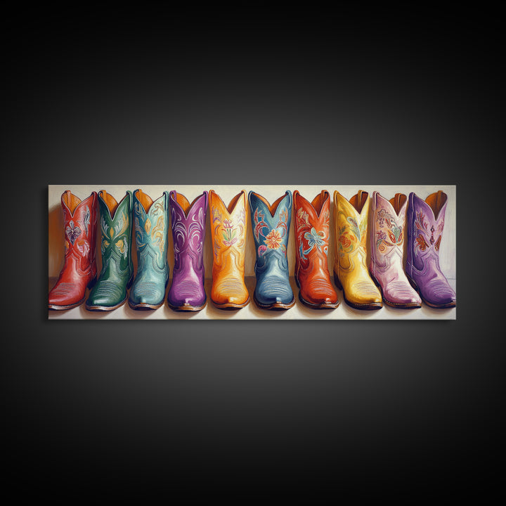 Colorful Embroidered Cowboy Boots Wall Art, Western Cowgirl Decor, Rustic Farmhouse Canvas, Vibrant Entryway Art Print Gift