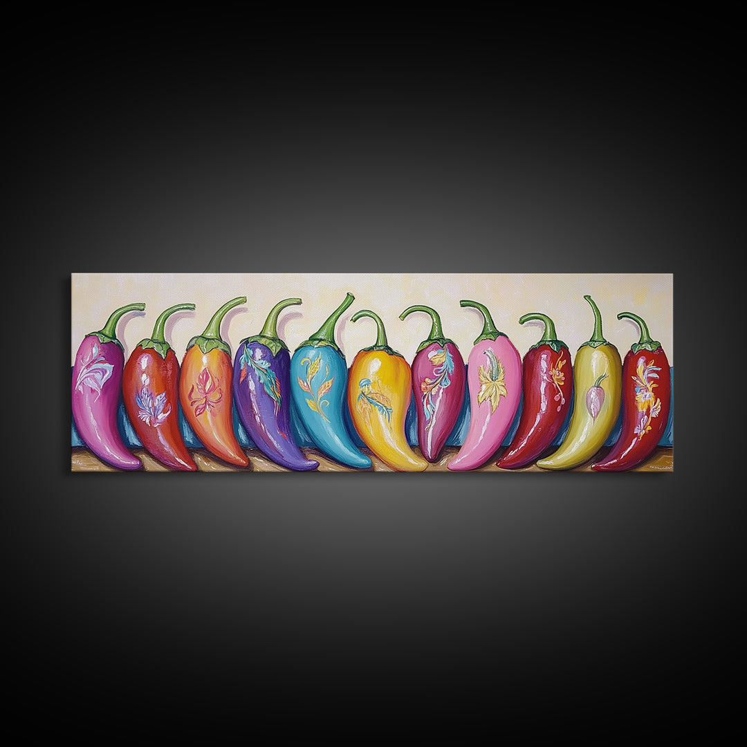 Bright Rainbow Chili Peppers Wall Art, Colorful Kitchen Decor, Southwestern Food Print, Dopamine Dining Room Canvas Gift