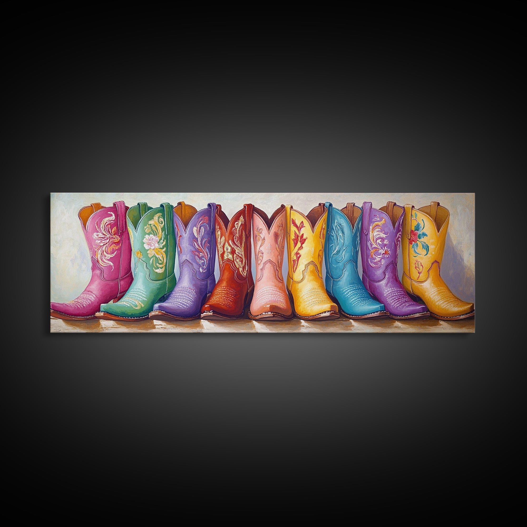 Pastel Floral Cowboy Boots Framed Canvas Print, Western Wall Art, Cowgirl Nursery Decor, Boho Bedroom Wall Decor Gift For Her