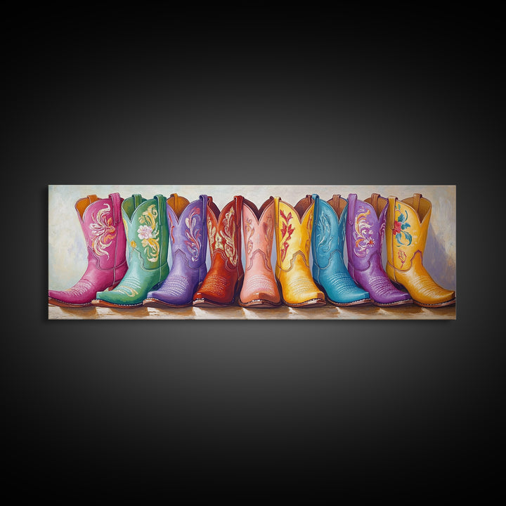 Pastel Floral Cowboy Boots Framed Canvas Print, Western Wall Art, Cowgirl Nursery Decor, Boho Bedroom Wall Decor Gift For Her