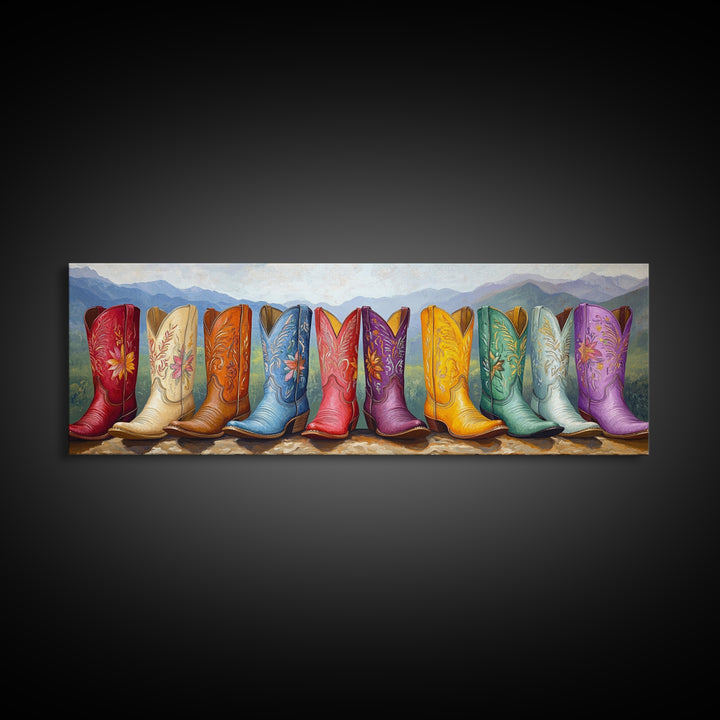 Cowboy Boots With Mountain Landscape Canvas Print, Western Wall Art, Colorful Cowgirl Decor, Rustic Cabin Housewarming Gift